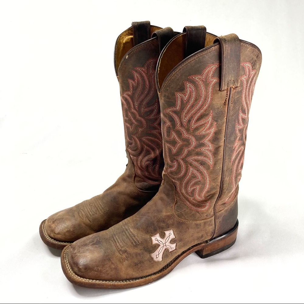Tony Lama Square Toe Lashka Pink Cross Cowboy Boots Size 8